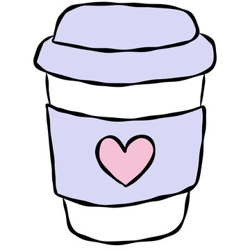 Hand-drawn coffee cup with heart symbol, cute takeaway beverage illustration