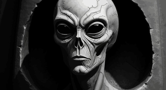 Mysterious Extraterrestrial Being Portrait. Grey Alien Face Emerging from Dark Shadowy Ripped Background. Sci-Fi Concept Art.