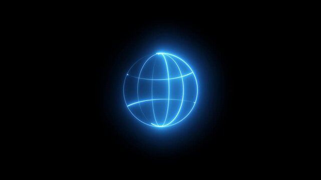 Glowing neon icon of a globe or world grid on a black background animation.