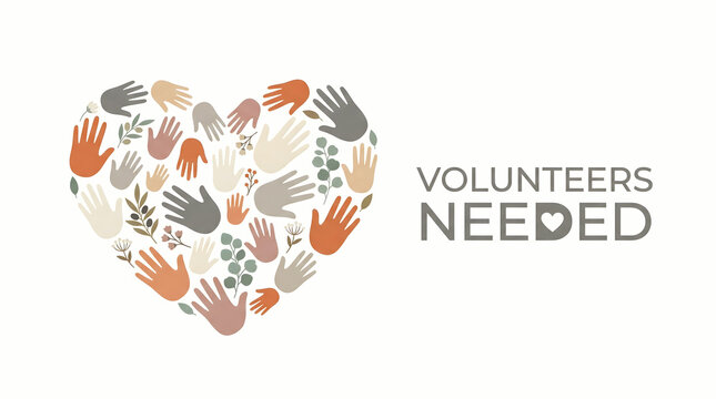 volunteers needed, helping hands in heart shape