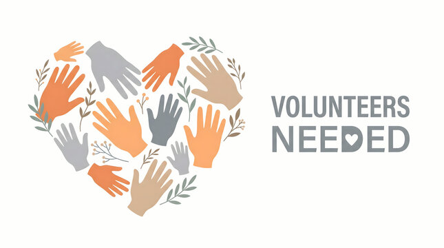 volunteers needed, helping hands in heart shape