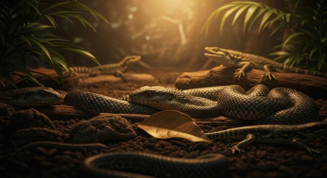 Group of Reptiles Resting in a Lush Jungle Environment.