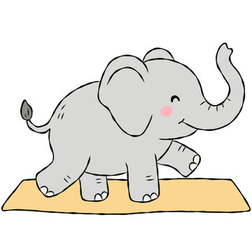 Cute Baby Elephant Walking on Yoga Mat Hand Drawn Wellness Animal Doodle Illustration