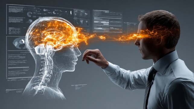 Transformative times with ai: a businessman's perspective. Minimal layout. Unveiling the future of intelligence: holographic agi display in business. Art direction. Visual identity.