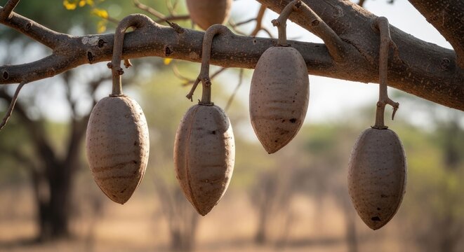 Kigelia Africana Sausage Tree Fruits Hanging From Branch in African Savanna.