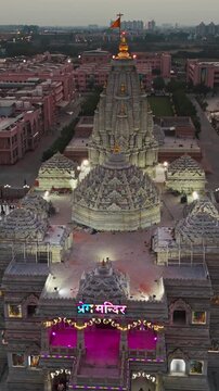 Aerial Drone Shot of Prem Mandir at Night, Vrindavan, India &ndash; Mesmerizing Illuminated Temple