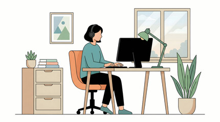 Fototapeta premium woman working on computer at home office desk
