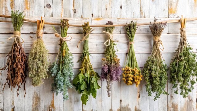 Dried herbs hanging on jute string above rustic wood on white wall