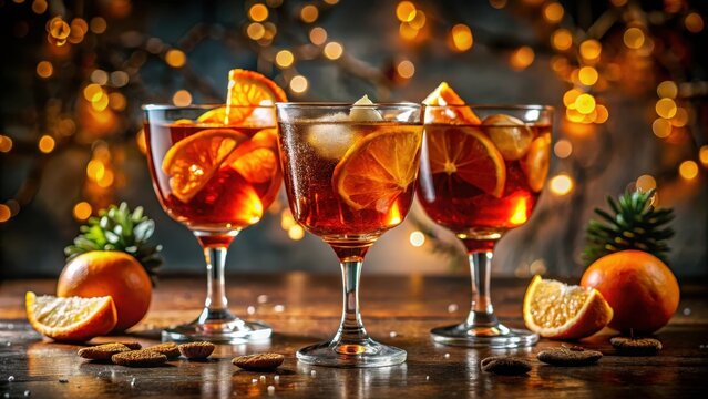 Three elegant cocktails garnished with orange zest