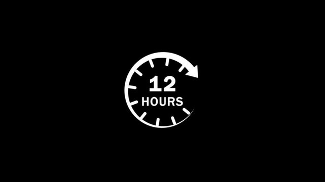 12 hours timer clock icon animation with circular arrow on black background.