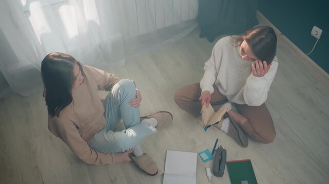 Two females sitting on floor practicing grammar with notebook and tablet, cozy sunlight, casual sweaters, relaxed tutoring session at home, attentive student receiving coaching, gentle correction