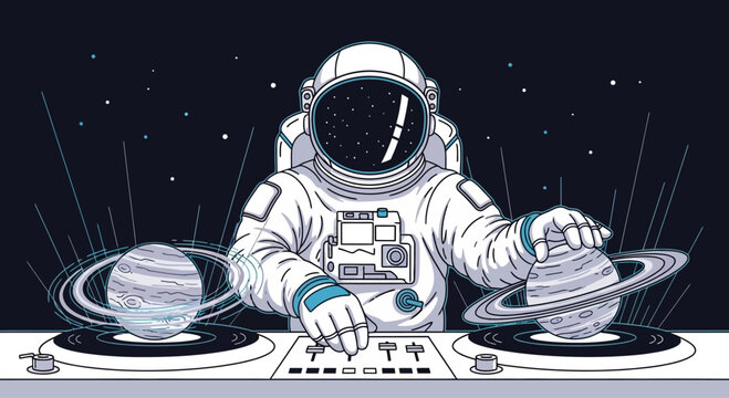 Astronaut DJ playing music on turntables with planets in outer space