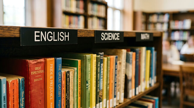 Professional library bookshelf featuring categorized labels for English Science and Math with classic literature books in an academic setting