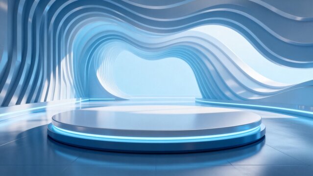 Abstract blue wavelike architectural space