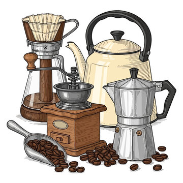Vintage coffee equipment with beans and grinder on table indoors