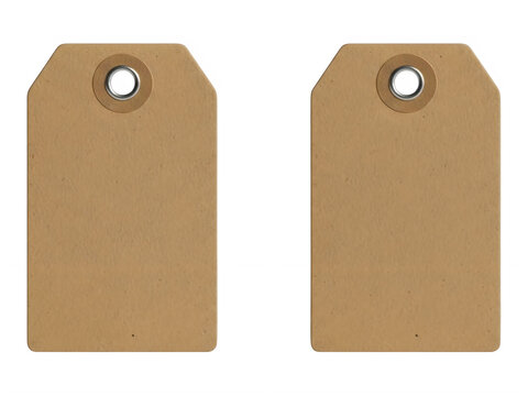 Two brown gift tags with holes and strings isolated on transparent background