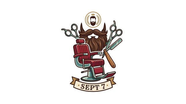 Barbershop Vintage Elements: Chair, Scissors, Razor, Mustache, Beard, Emblem