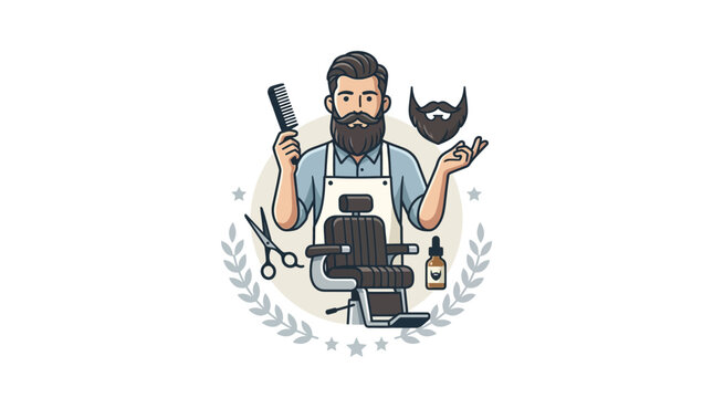 Barber with Beard, Scissors, Comb and Barber Chair - Vintage Style Illustration
