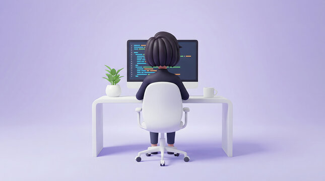programmer at desk with computer and code on screen
