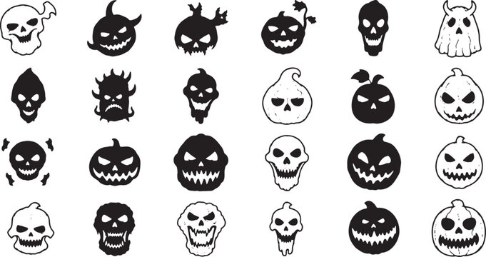 Halloween spooky skull and pumpkin icon set featuring scary faces for holiday party design and vector graphics