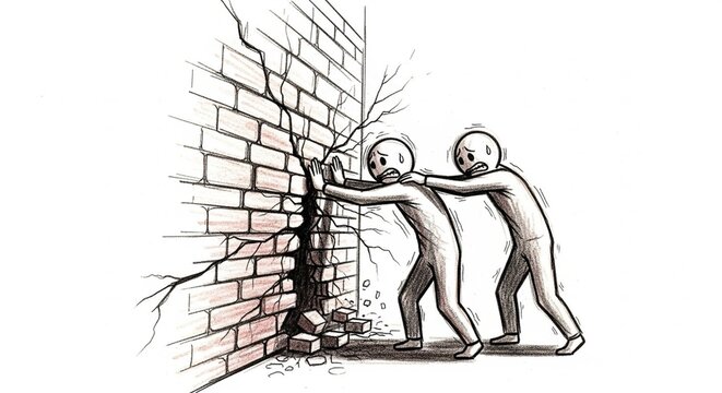 Abstract illustration of teamwork breaking down barriers together.