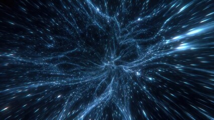 Fototapeta premium A vibrant space scene depicts swirling light trails and bright stars moving through a dark background, creating a sense of depth and motion