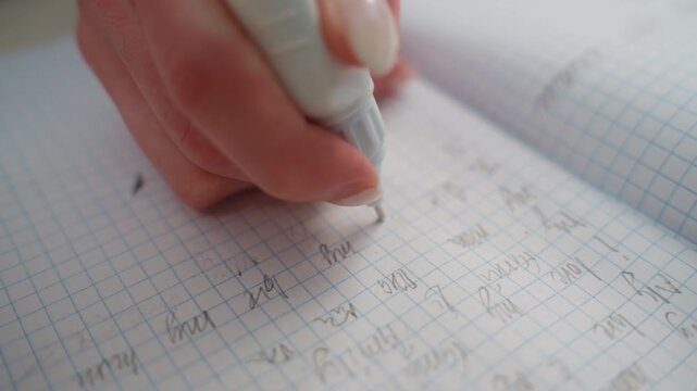 Closeup hand erasing math notebook showing home study scene with tutor and coach correcting grid paper exercises using white eraser, visible pencil marks and smudges, focused finger gesture, quiet