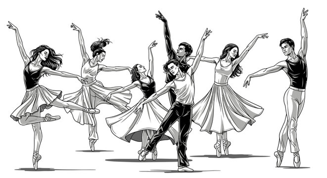 Ballet dancers in poses of grace and movement against a white background