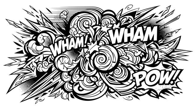 Comic book graphic illustration with wham pow and explosion effect