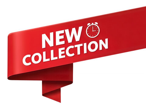 Vibrant red ribbon banner with 'NEW COLLECTION' text in white, isolated on transparent background