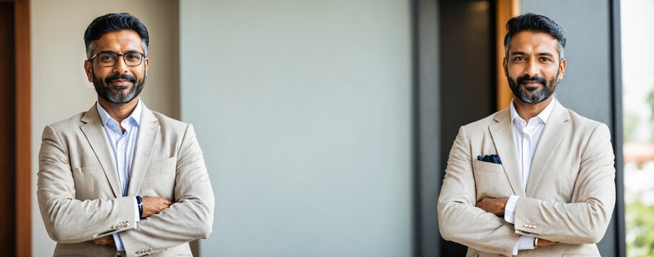 two portraits of confident indian man with beard one with glasses one without in beige suit arms crossed