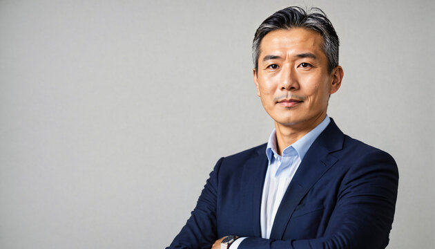 confident east asian man with graying hair in navy blue suit standing with arms crossed looking at viewer