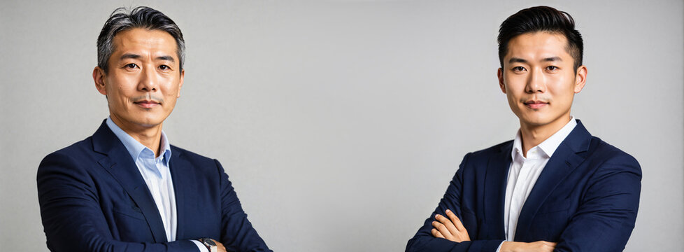 two portraits of confident east asian men one older with graying hair one younger in navy blue suits