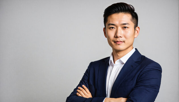confident young east asian man in navy blue suit standing with arms crossed looking at viewer
