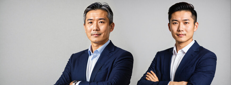 two confident adult men wearing dark business suits with crossed arms standing against plain light grey wall