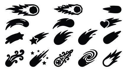 Collection of stylized shooting stars and comets icons in black and white, representing celestial events and cosmic phenomena. © yuanita