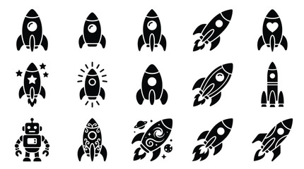 Collection of black rocket ship icons and a robot illustration on a white background. © yuanita