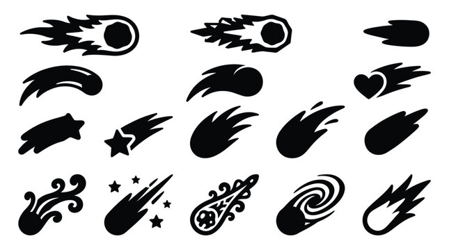 Collection of stylized shooting stars and comets icons in black and white, representing celestial events and cosmic phenomena.