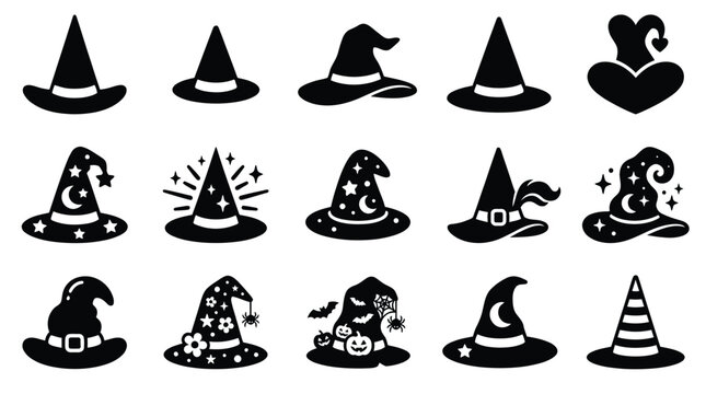 Collection of various black witch hats with Halloween themed decorations and symbols.