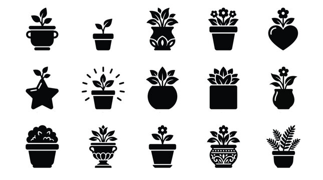 Collection of potted plant icons in a simple black and white silhouette style.