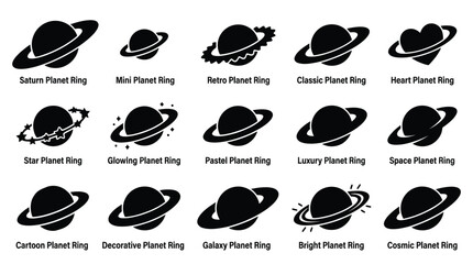 Collection of stylized planet icons with rings, representing various celestial bodies and cosmic themes. © yuanita