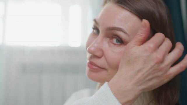 Caucasian woman vocal coach smiling warmly, speech therapist guiding pronunciation and articulation, hand touching hair, close portrait with soft backlight from window, calm encouraging expression,