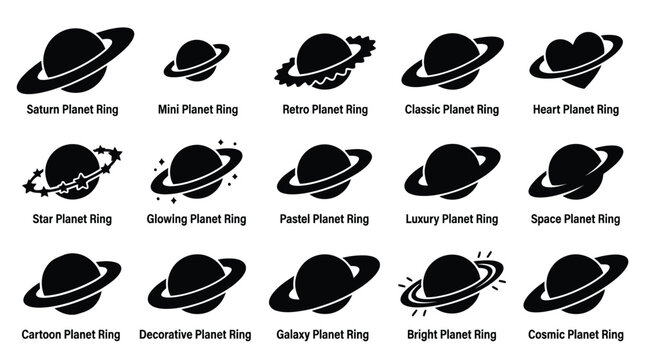 Collection of stylized planet icons with rings, representing various celestial bodies and cosmic themes.