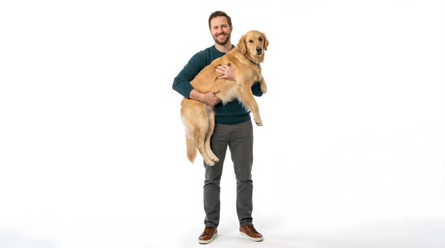a man carrying his pet dog isolated white background