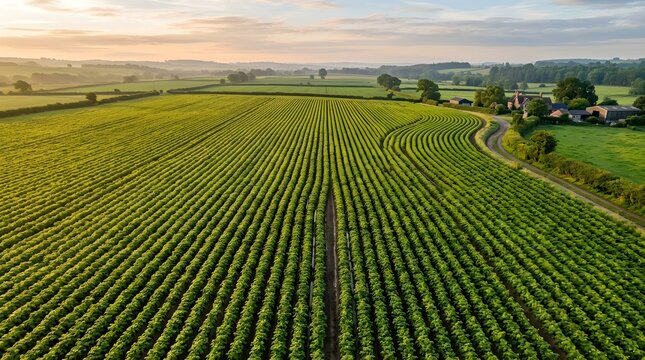 Farmland stretches across the rural landscape under a soft morning golden light.