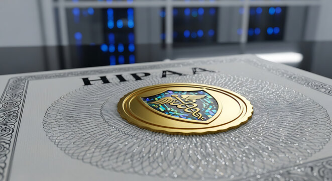 HIPAA Compliance Certification Document with Gold Caduceus Seal and Shield on Secure Server Background for Medical Data Privacy and Healthcare Law