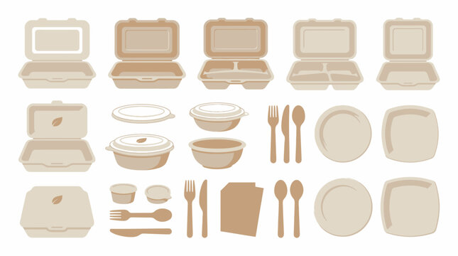 Compostable sugarcane food containers and wooden forks for eco-friendly street food festival packaging and green catering branding