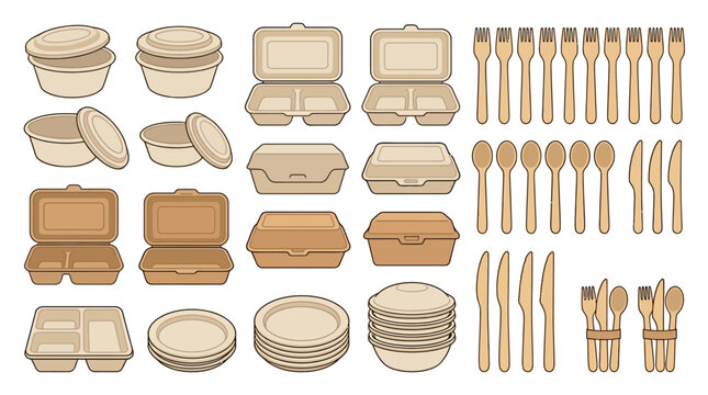 Compostable sugarcane food containers and wooden forks for eco-friendly street food festival packaging and green catering branding