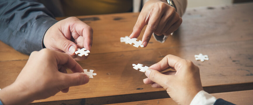 Banner Business connections strategy synergy team solution. Banner Implement puzzle improve communication solve synergy team connection plan trust strategy. Piece of jigsaw assembly with copy space