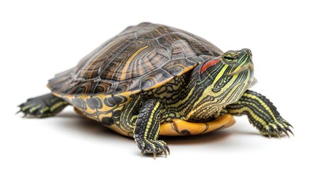 Red Eared Slider Turtle Isolated on White Background Studio Shot.